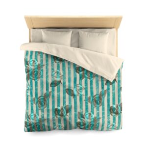 Turquoise Teal Striped Floral Microfiber Duvet Cover