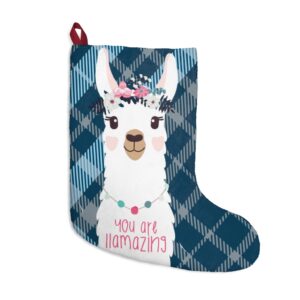 You Are Llamazing Teal and Navy Checked Pattern Christmas Stockings