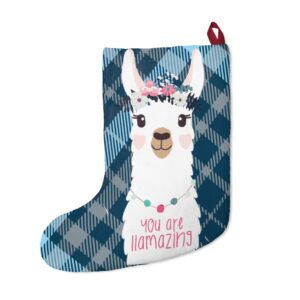 You Are Llamazing Teal and Navy Checked Pattern Christmas Stockings