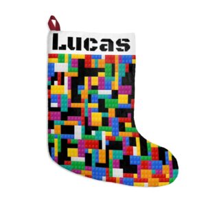 Personalized with name Building Blocks- Pixels – Bricks – Colorful Geometric – Fun Cool Gift – Kids-Teen Themed Christmas Stocking