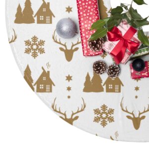 Gold and White Reindeer Winter Scene Christmas Tree Skirt – Elegant – Trendy – Classic – Xmas – Christmas Decor