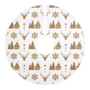 Gold and White Reindeer Winter Scene Christmas Tree Skirt – Elegant – Trendy – Classic – Xmas – Christmas Decor