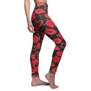 Valentine’s Day Leggings – Black with Hearts and Lips – Women’s Cut & Sew Casual Leggings