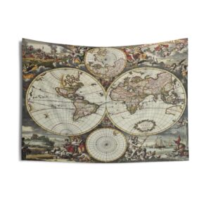 Old map of world hemispheres 1668 Indoor Wall Tapestries