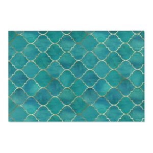 Turquoise Blue and Gold Foil Moroccan Bohemian Arabic Pattern Area Rugs