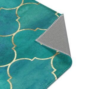 Turquoise Blue and Gold Foil Moroccan Bohemian Arabic Pattern Area Rugs