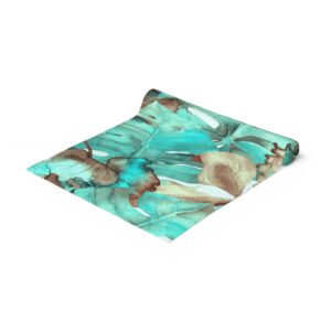 Turquoise Brown Hawaiian Floral Table Runner