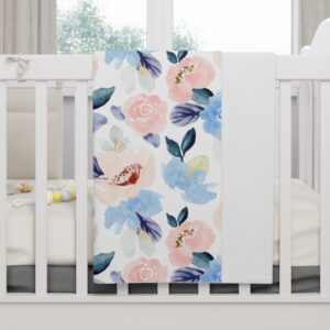 Blue and Pink Floral Watercolor Soft Fleece Baby Blanket