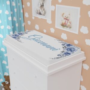 Personalized Blue Floral Baby Changing Pad Cover