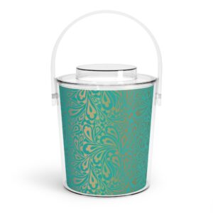 Teal Aqua Pailsey Modern Design Ice Bucket with Tongs