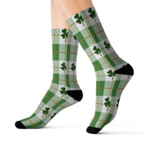 St Patrick’s Day Plaid and Clover Socks – St Paddy’s Day Socks – Irish – Sublimation Socks