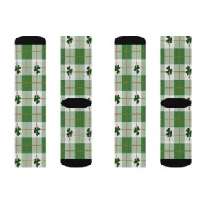 St Patrick’s Day Plaid and Clover Socks – St Paddy’s Day Socks – Irish – Sublimation Socks