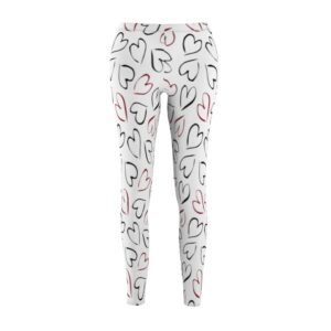 Valentine’s Day Leggings – White Legging with Black and Red Modern Hearts – Women’s Cut & Sew Casual Leggings