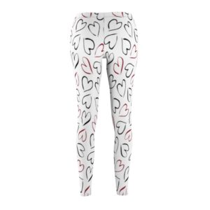 Valentine’s Day Leggings – White Legging with Black and Red Modern Hearts – Women’s Cut & Sew Casual Leggings